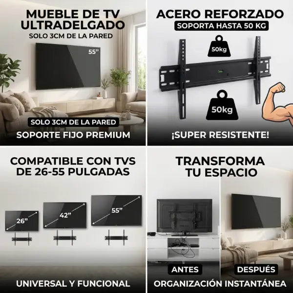 Soporte de TV Fijo Ultra Delgado para 26" a 55" Pulgadas - Montaje de Pared Estilo Perfil Bajo, Diseño Invisible para Sala y Recámara - Conecta Chava Shop