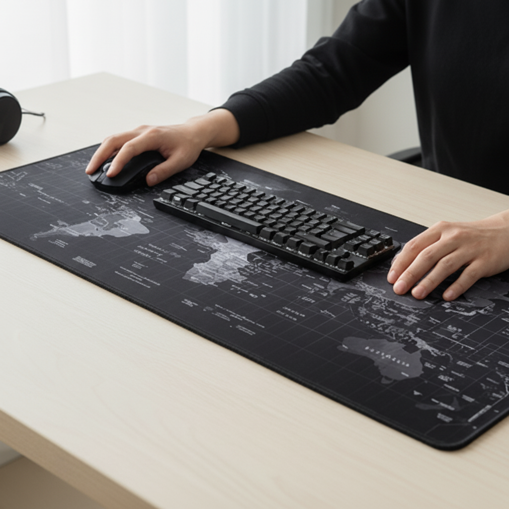 Tapete gamer XL 80x30 cm con diseño de mapa mundial y bordes reforzados en escritorio moderno