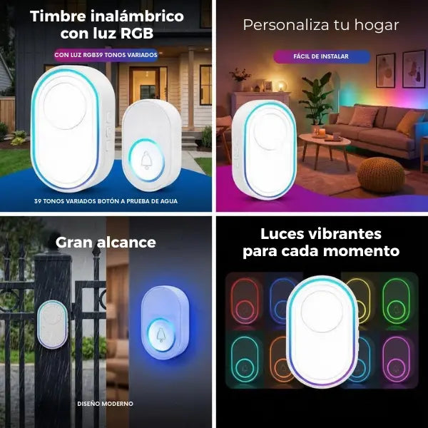 Timbre Inalámbrico con Luces RGB y 39 Melodías - Timbre Digital de Largo Alcance con Botón Resistente al Agua IP44 Pro 2026 - Conecta Chava Shop