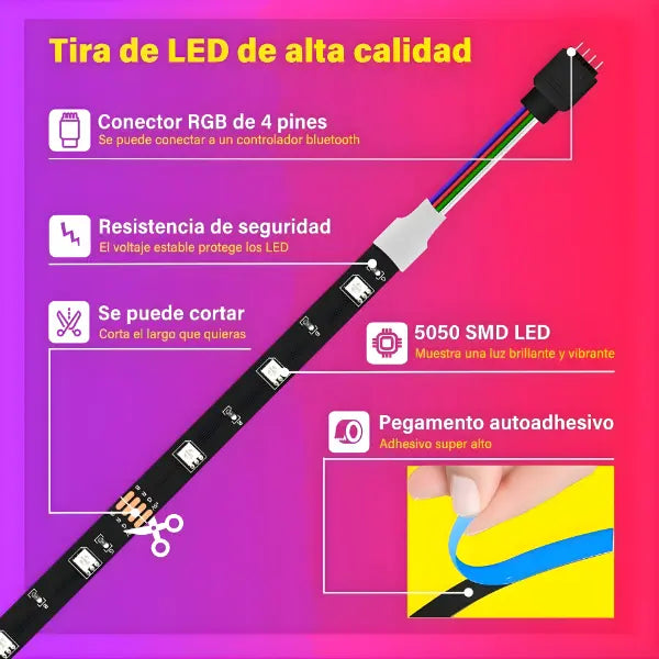 Tira LED RGB de 7 Metros con Control Bluetooth - Luces Inteligentes para Setup Gamer y Habitación Pro 2026 - Conecta Chava Shop
