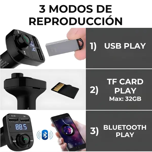 Transmisor FM Bluetooth FX8 de Alta Fidelidad - Reproductor MP3 para Auto con Doble USB y Micro SD, Conexión Estable Pro - Conecta Chava Shop
