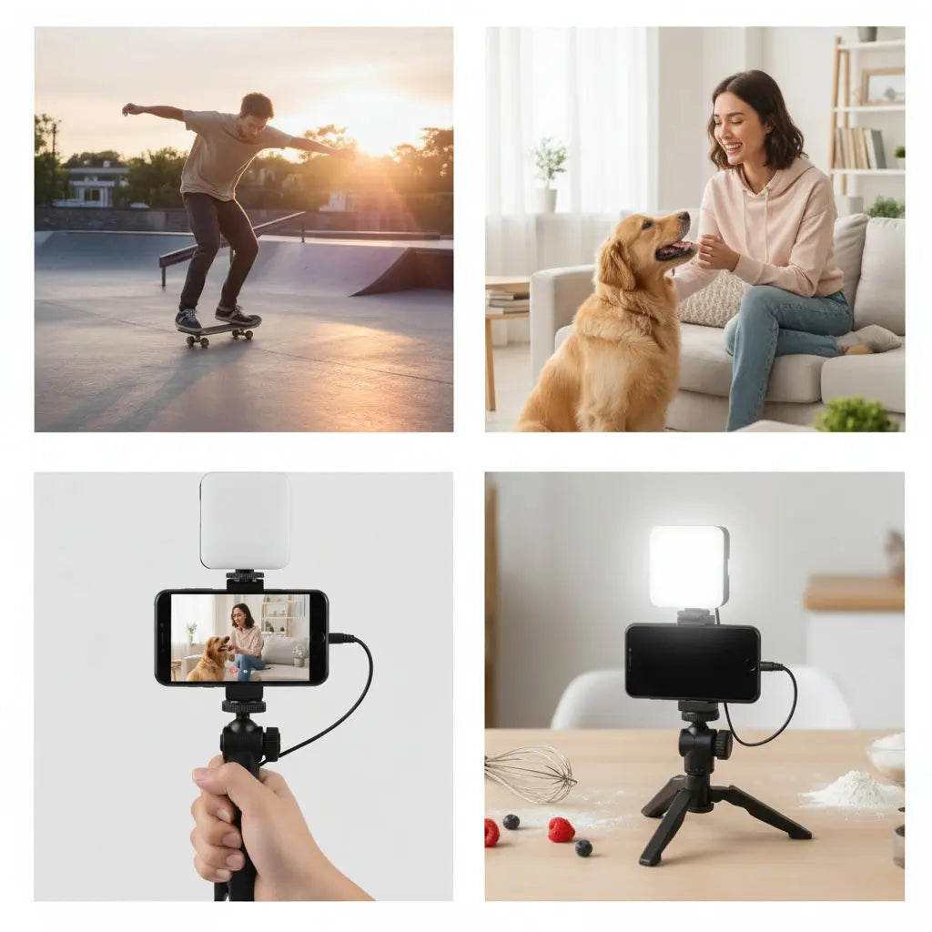 Kit de Vlog Pro 4 en 1 para Smartphone - Luz LED de Relleno, Micrófono de Alta Fidelidad y Trípode Ajustable, Todo en Uno para TikTok - Conecta Chava Shop
