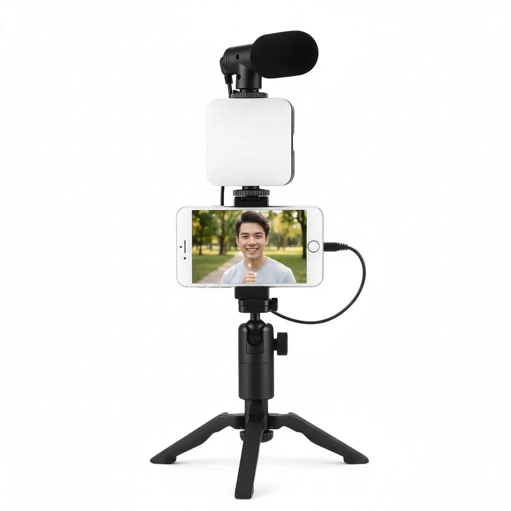 Kit de Vlog Pro 4 en 1 para Smartphone - Luz LED de Relleno, Micrófono de Alta Fidelidad y Trípode Ajustable, Todo en Uno para TikTok - Conecta Chava Shop