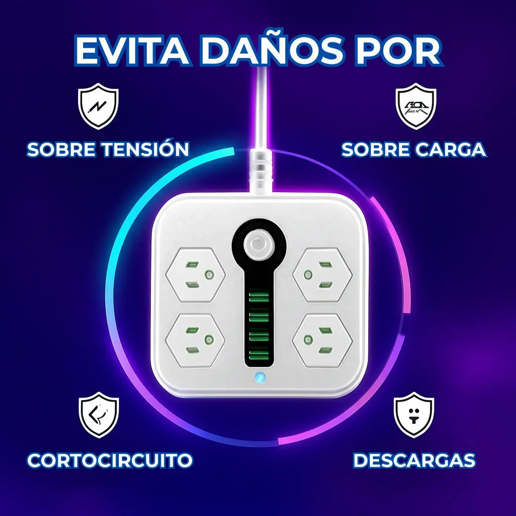 Multicontacto 8 en 1 con Puertos USB y Tipo C - Estación de Carga Inteligente para Escritorio y Protector de Sobrecargas Pro 2026 - Conecta Chava Shop